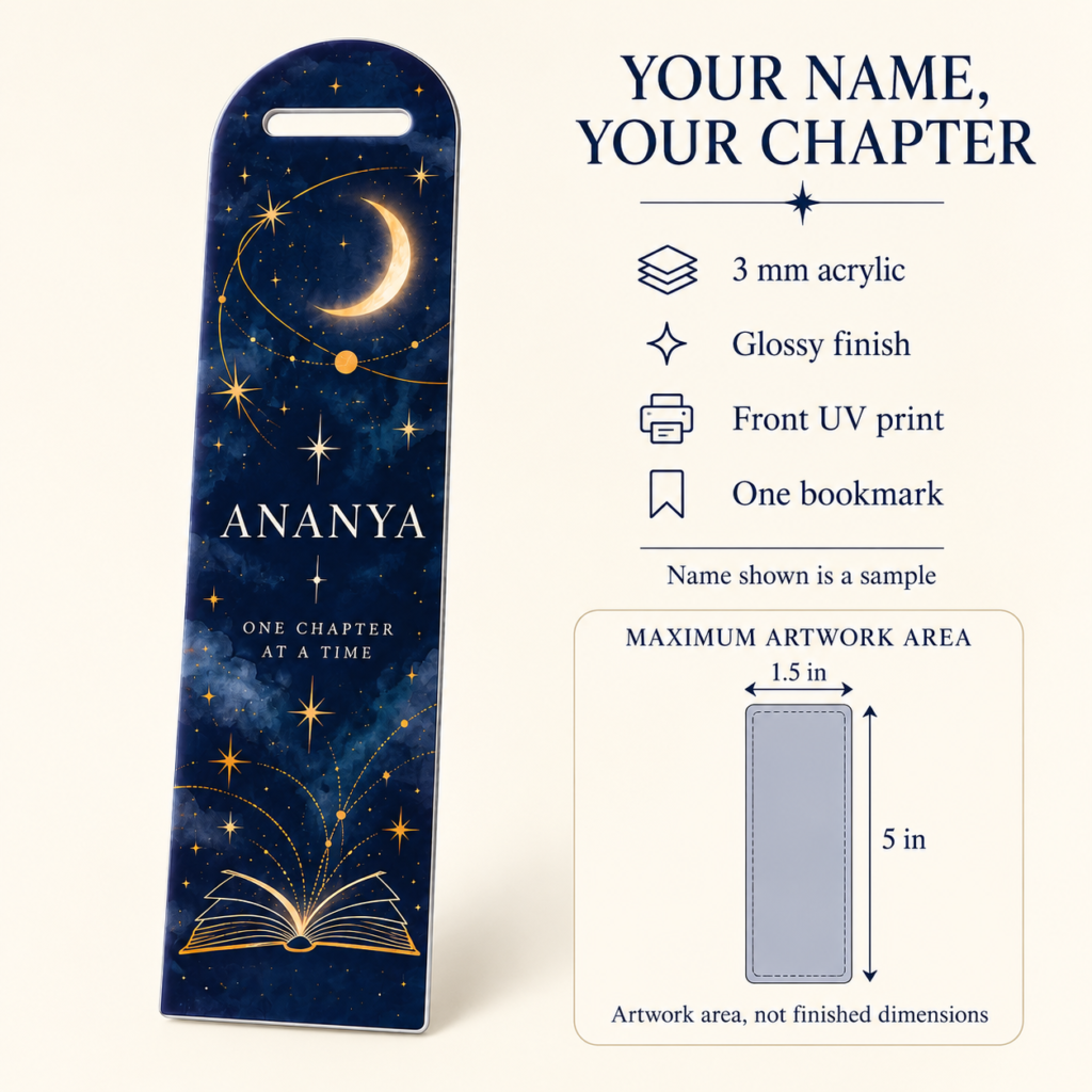 Personalised Reader Name Bookmark guide: 3 mm glossy acrylic, front UV print and 1.5 by 5 inch maximum print area; ANANYA is a sample name.
