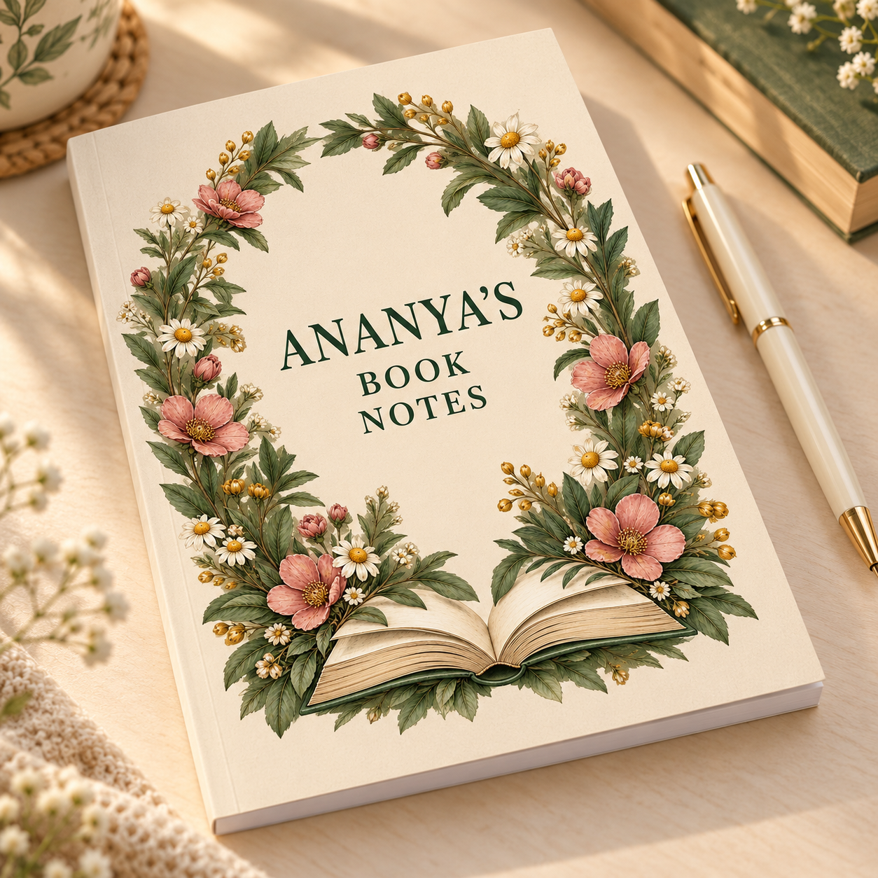Personalised Reader Notebook with a botanical cover and editable name