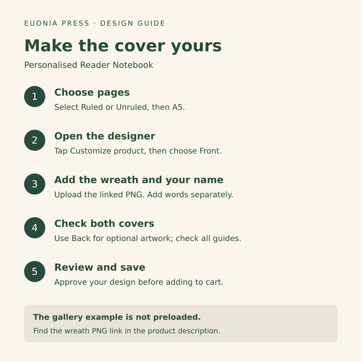 Five steps to personalise the reader notebook with a floral wreath and editable name