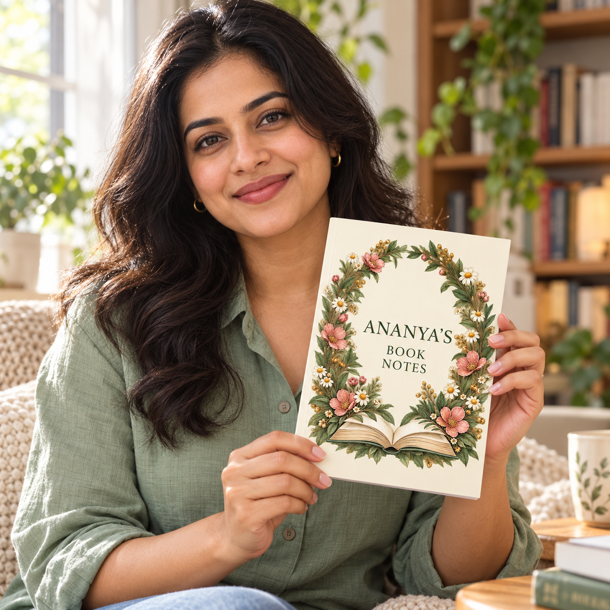 Reader holding a Personalised Reader Notebook with a floral wreath and Ananya’s Book Notes sample text