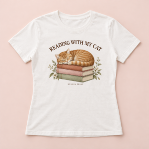 Reading with My Cat T-Shirt by Euonia Press, women’s white cotton tee with ginger cat and books