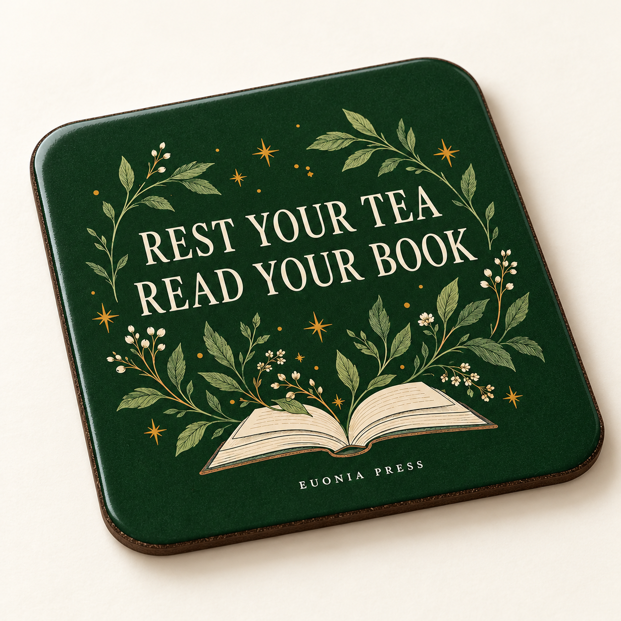 Rest Your Tea Read Your Book Coaster — glossy printed front and slim MDF edge detail