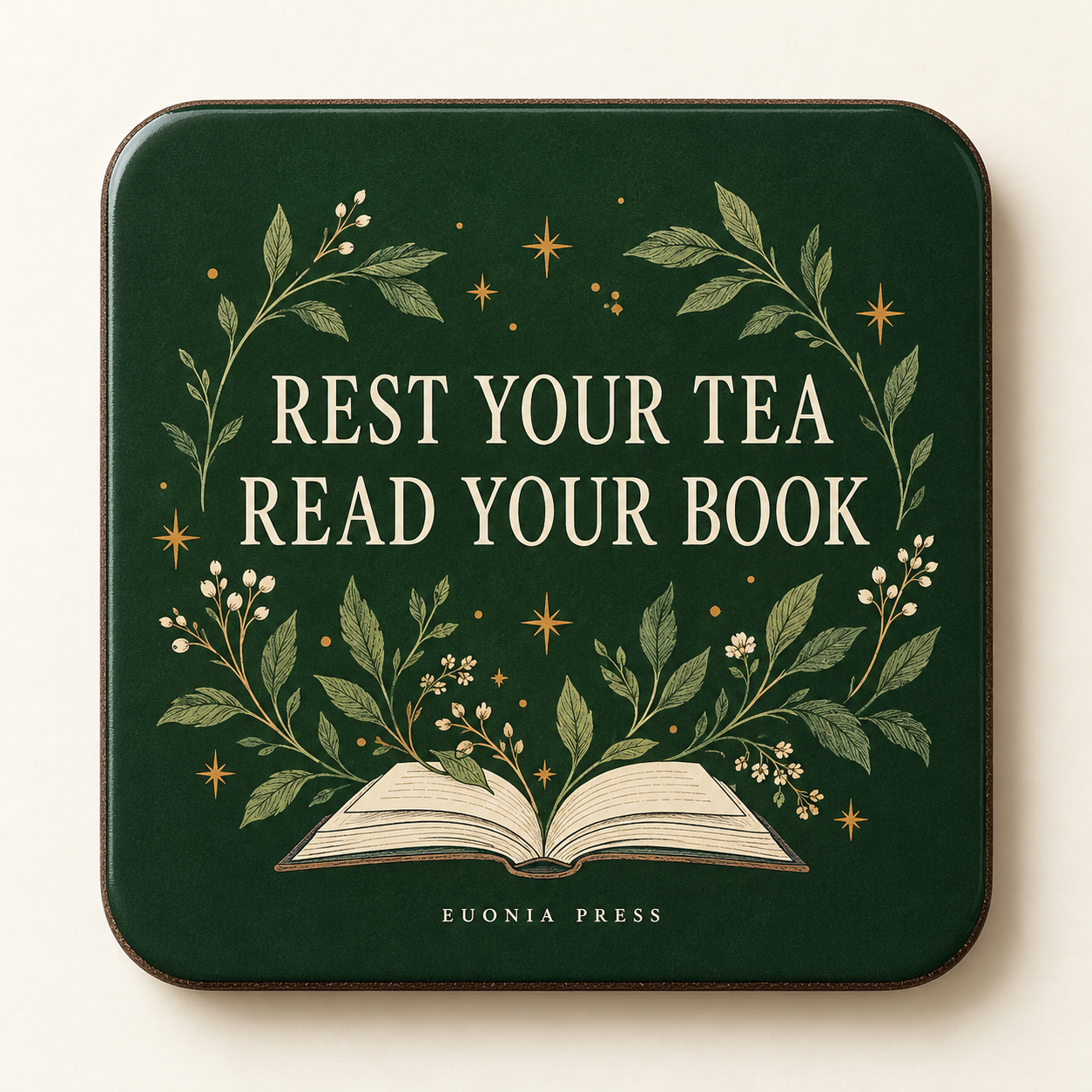Rest Your Tea Read Your Book Coaster by Euonia Press — green square botanical design, front view
