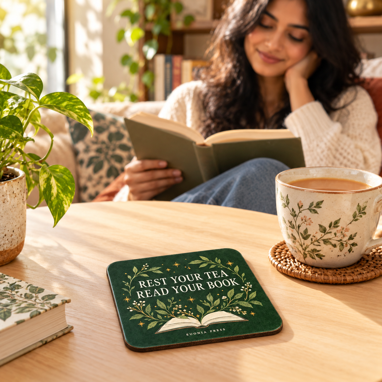 Rest Your Tea Read Your Book Coaster beside tea with a reader in a sunny reading corner
