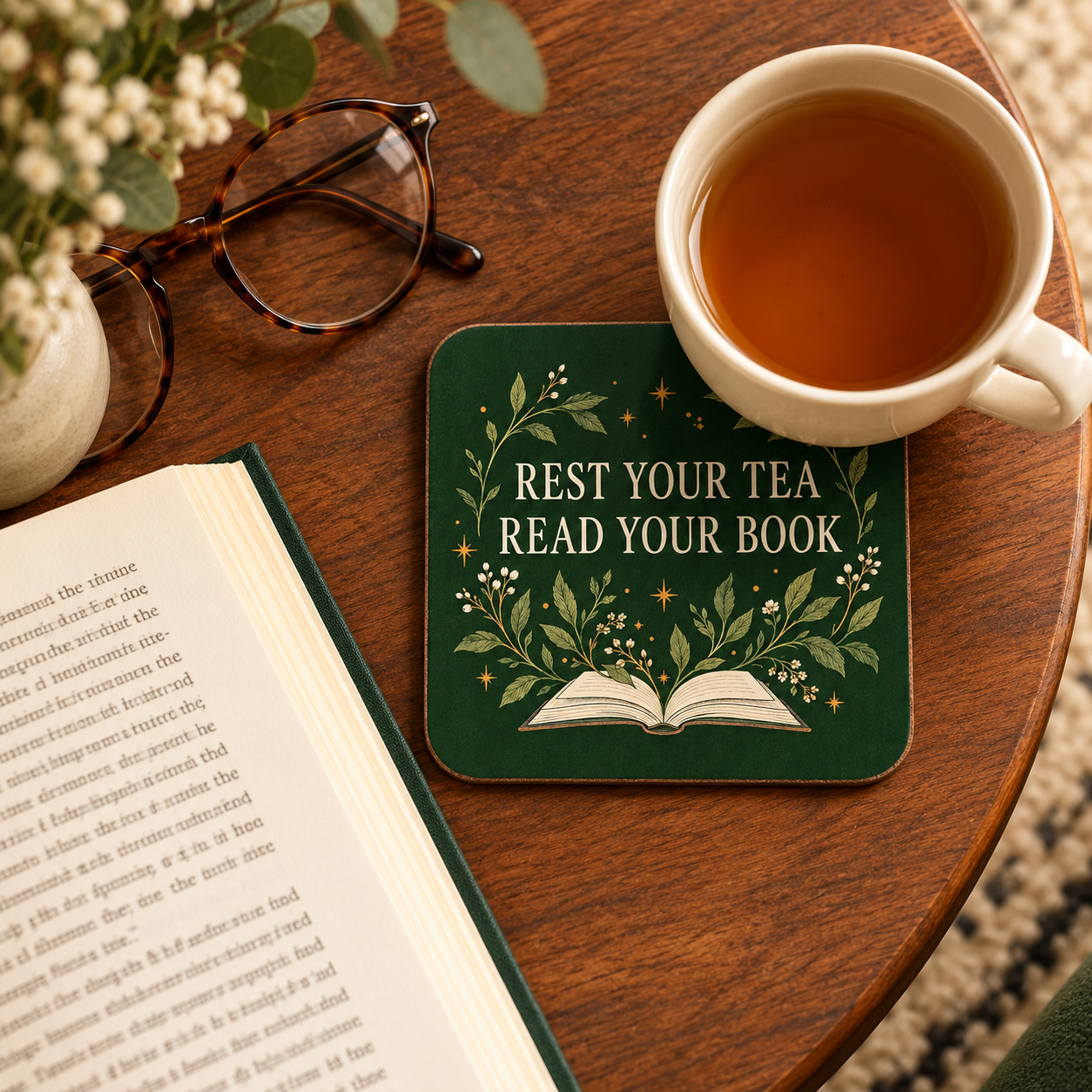 Rest Your Tea Read Your Book Coaster styled with a cup of tea and an open book