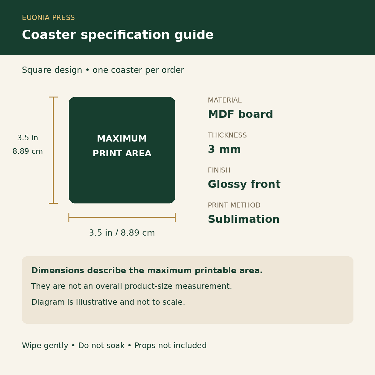 Rest Your Tea Read Your Book Coaster specifications and maximum print area
