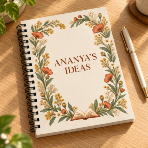 Personalised Writing Notepad with terracotta botanical cover and Ananya’s Ideas sample text