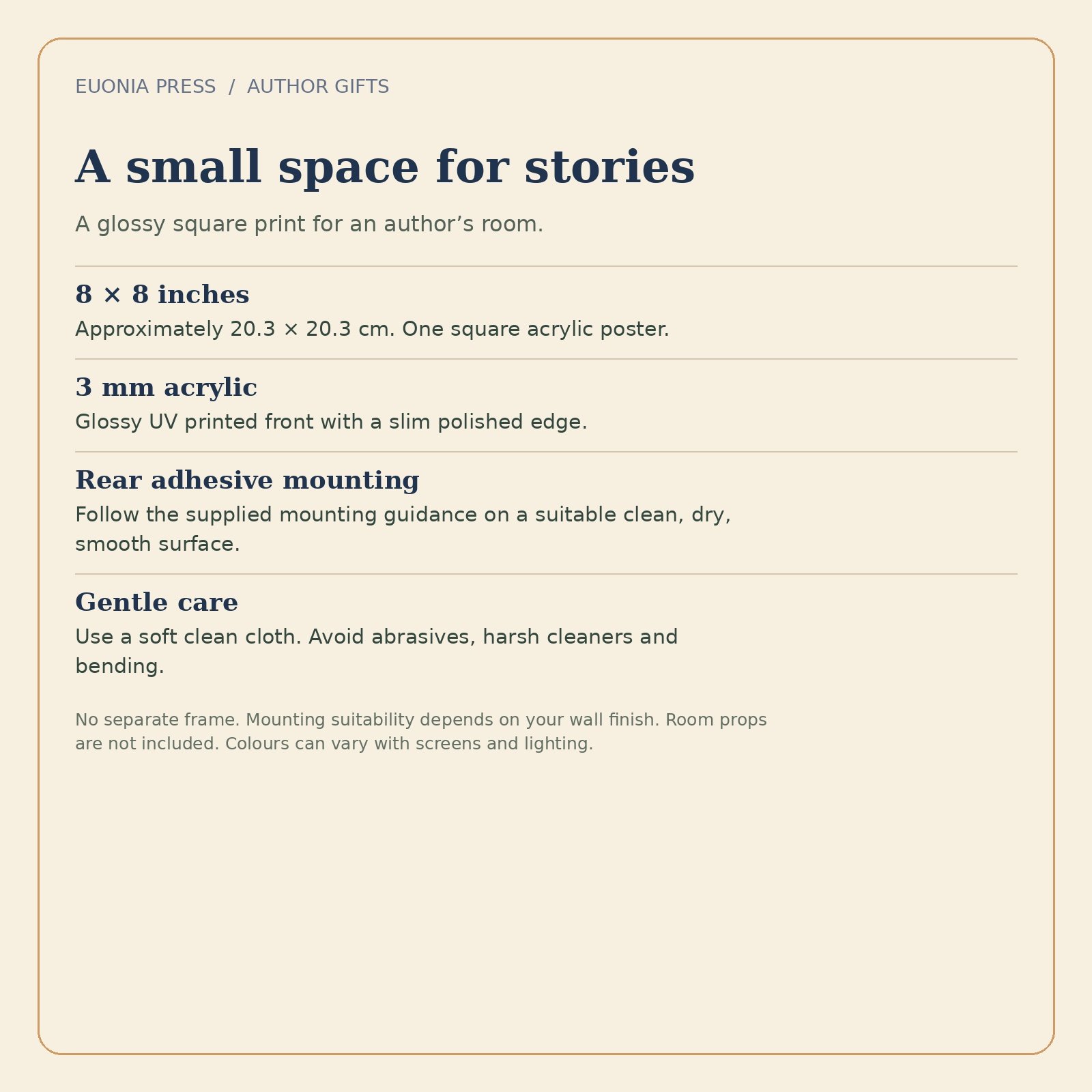 Author acrylic poster specifications: 8-inch square, 3 mm acrylic, glossy UV print and rear adhesive mounting