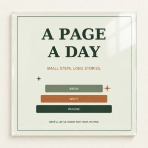 A Page a Day Author Acrylic Poster with green typography and terracotta book detail