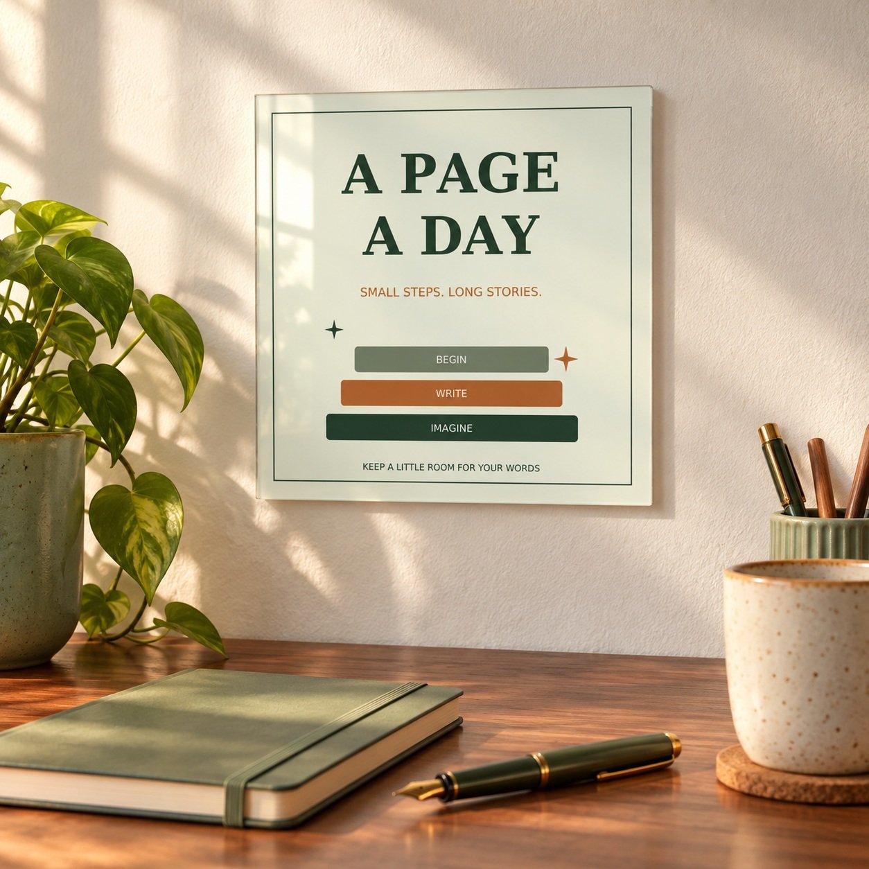 A Page a Day Author Acrylic Poster in a sage writing space above a desk