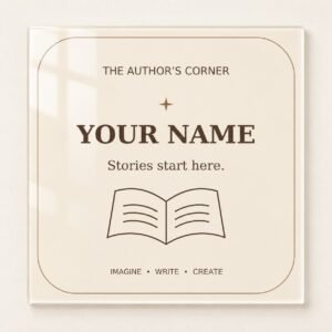 Custom Author Name Acrylic Poster example with Your Name, open book and warm ivory background