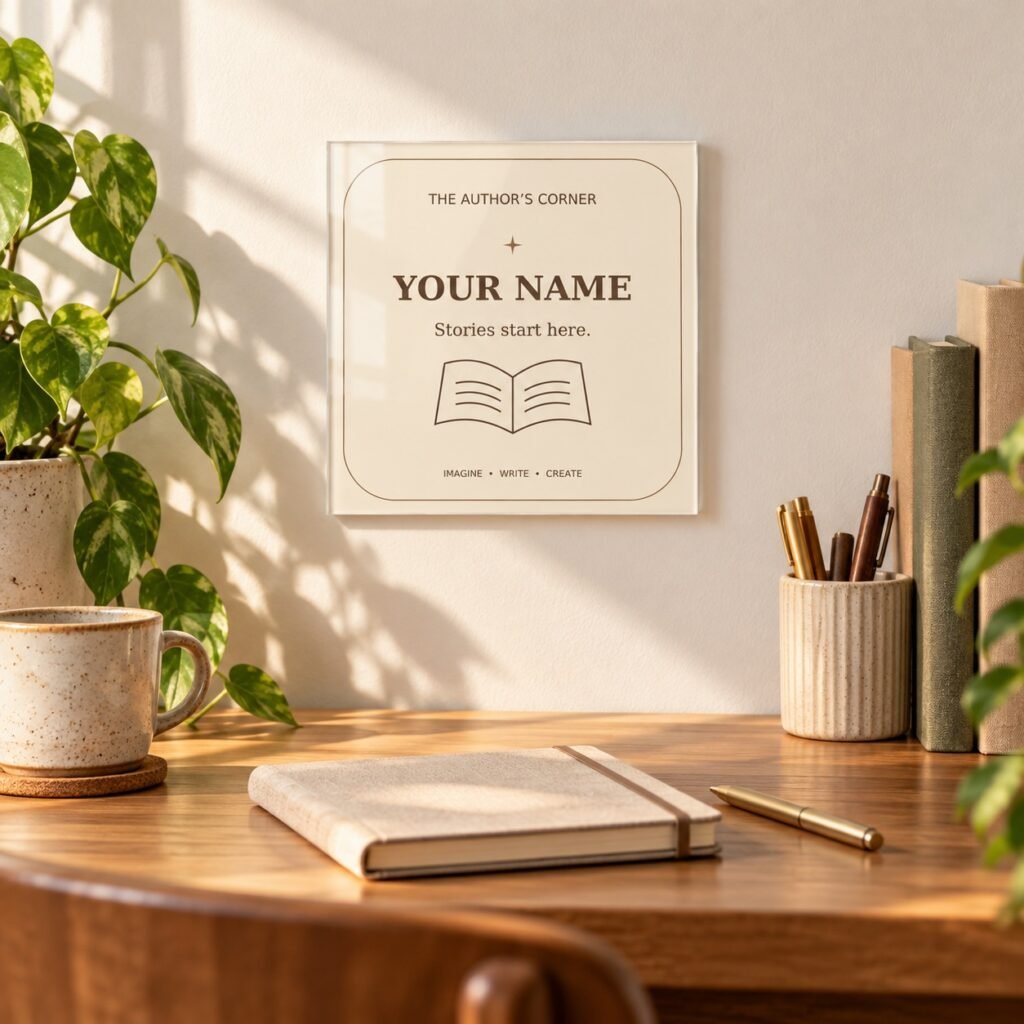 Custom Author Name Acrylic Poster example above a warm writing desk with books and stationery