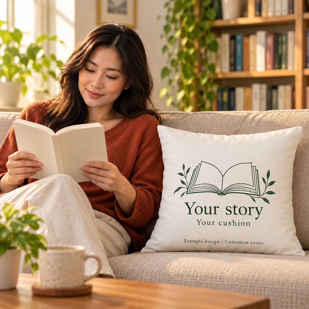 Custom Book Lover Cushion Cover by Euonia Press — reader lifestyle example