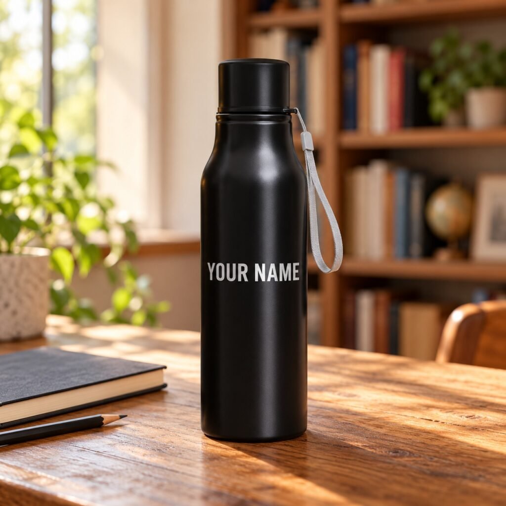 Custom author name water bottle shown with Your Name example on a writing desk