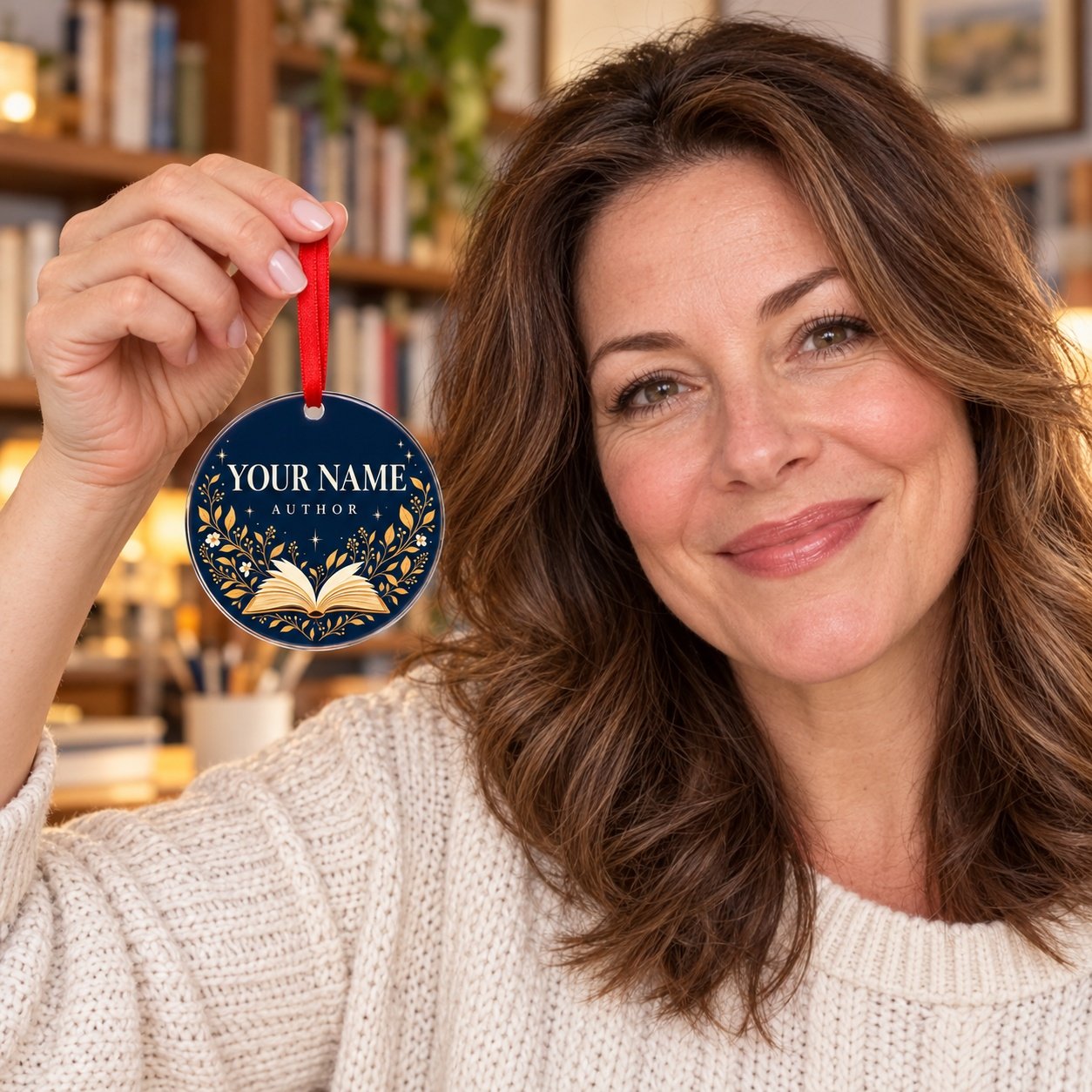 Writer holding an example custom author name acrylic ornament by its ribbon