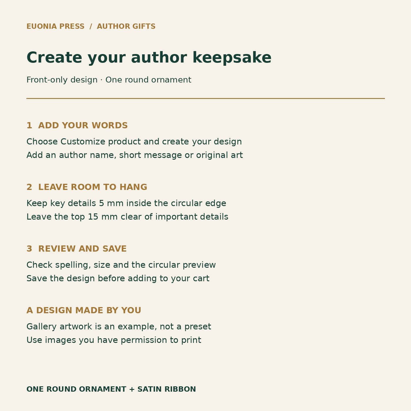 Steps to design an author ornament with a name and hanging-hole clearance