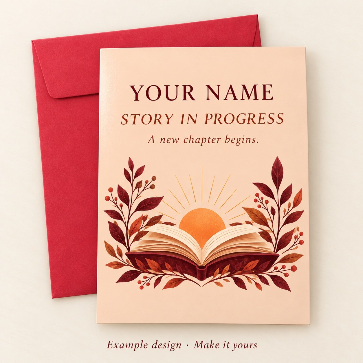 Custom Author Milestone Postcard example in peach and burgundy with an envelope