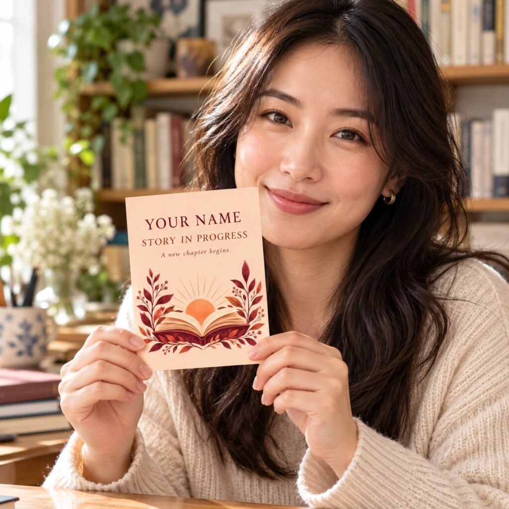 Writer holding an example Custom Author Milestone Postcard with Your Name artwork