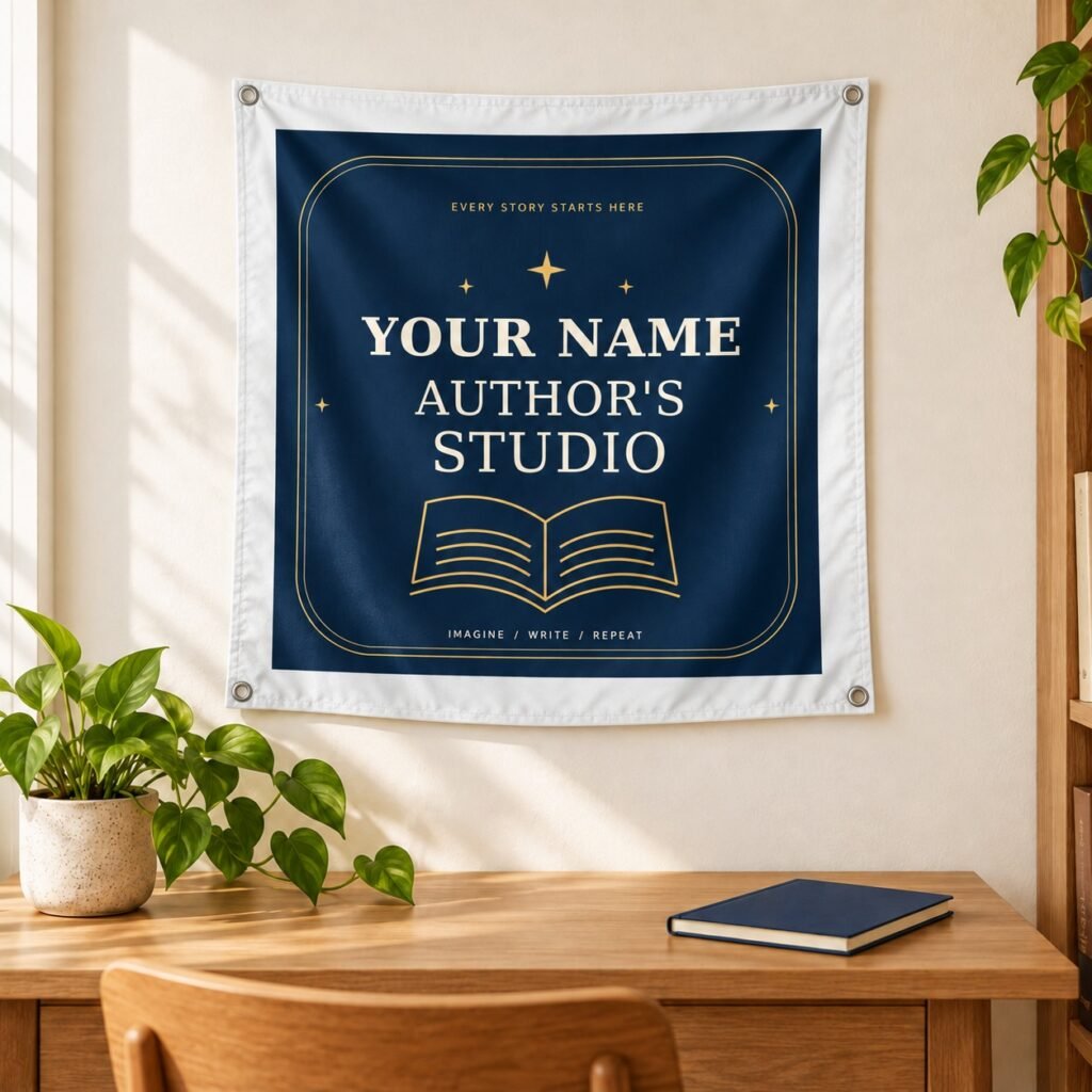 Custom Author Studio Tapestry above a writing desk, showing the centred artwork and white border