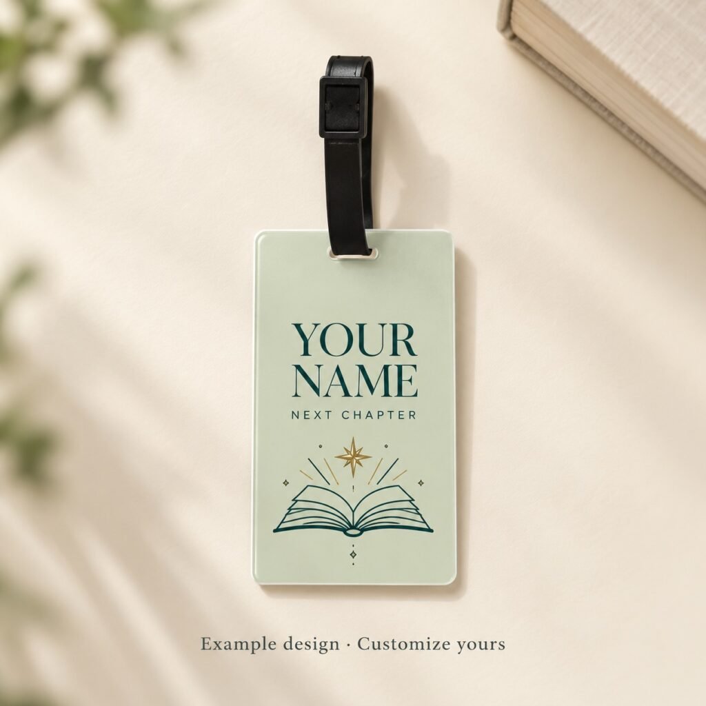 Custom Book Lover Luggage Tag by Euonia Press with black buckle strap showing an example name design