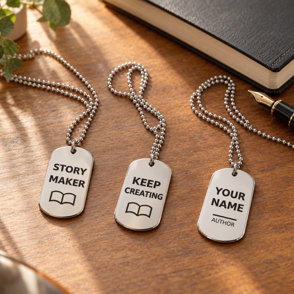 Three separately sold author dog-tag necklaces beside writing stationery: Story Maker, Keep Creating and a custom-name example.