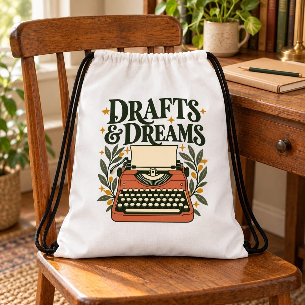 Drafts and Dreams author bag beside a notebook and books in a writing setting