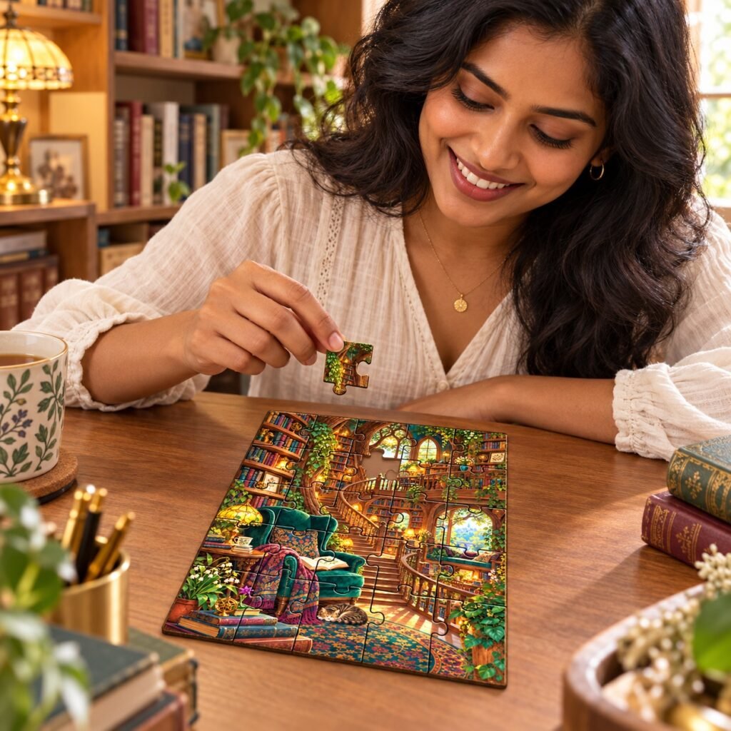 Enchanted Library Wooden Puzzle by Euonia Press — reader lifestyle view