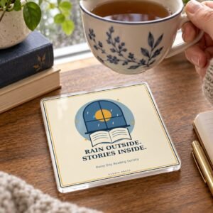 Rainy Day Reading Society Square Acrylic Coaster