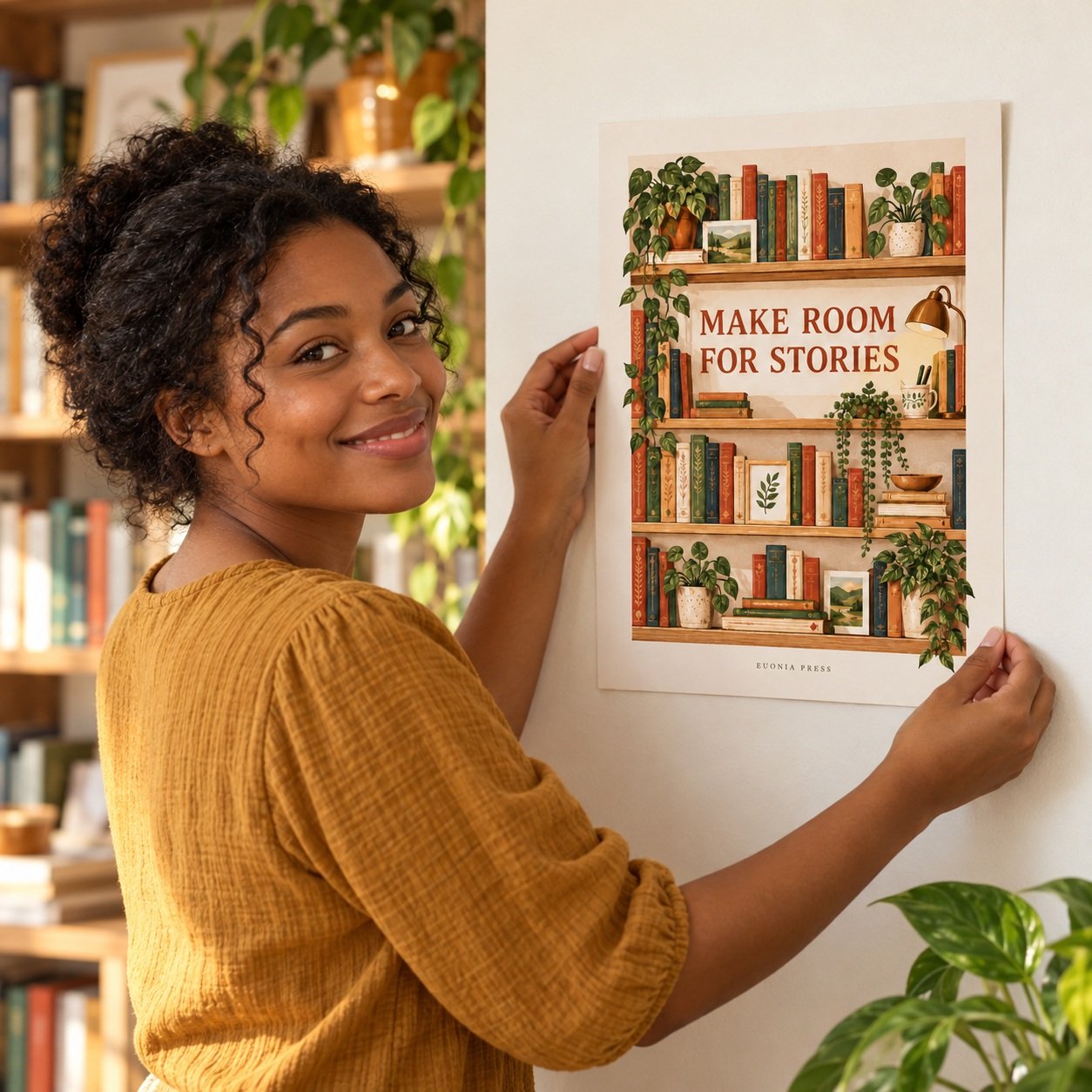 Make Room for Stories Poster by Euonia Press in everyday use