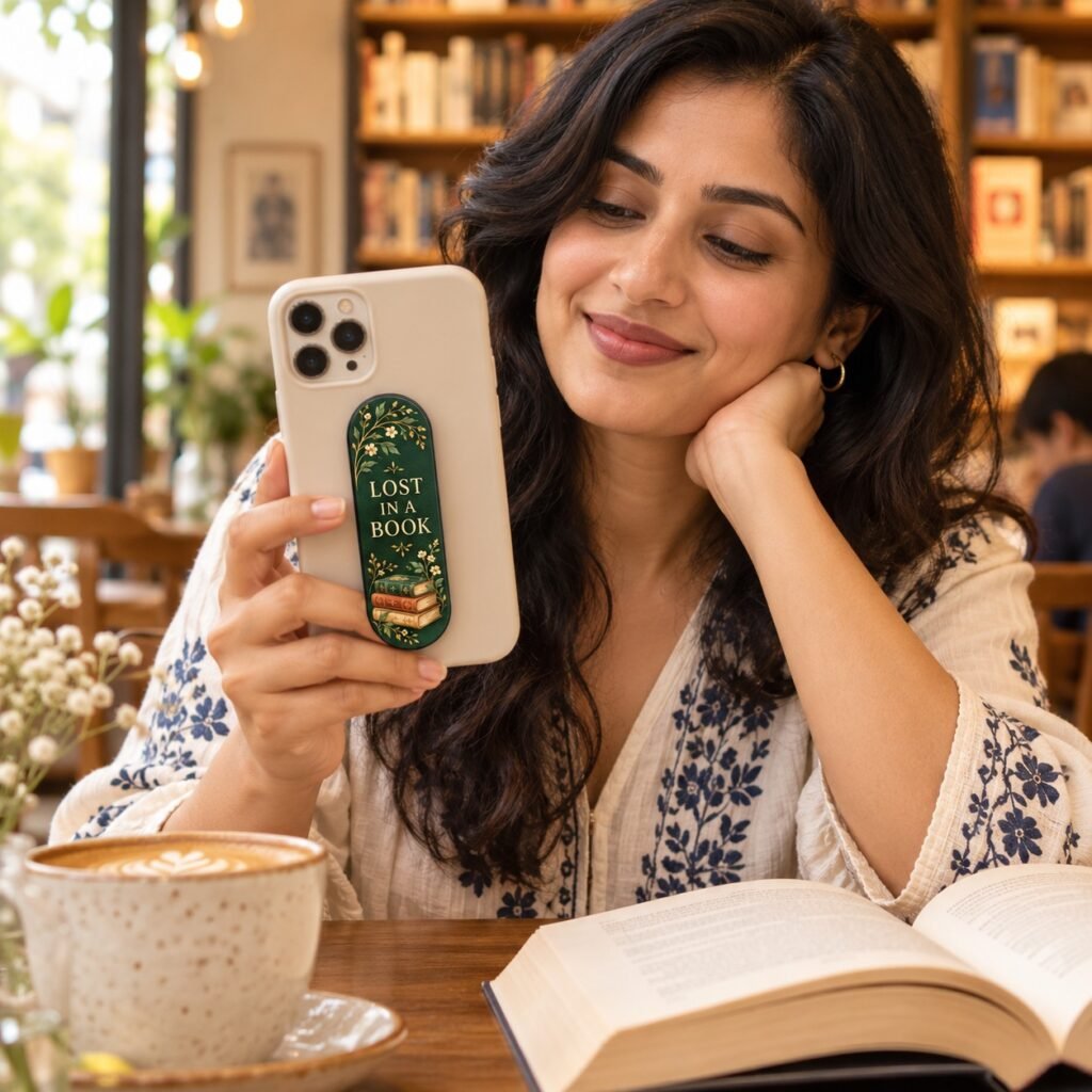 Lost in a Book Phone Grip by Euonia Press — reader lifestyle mockup