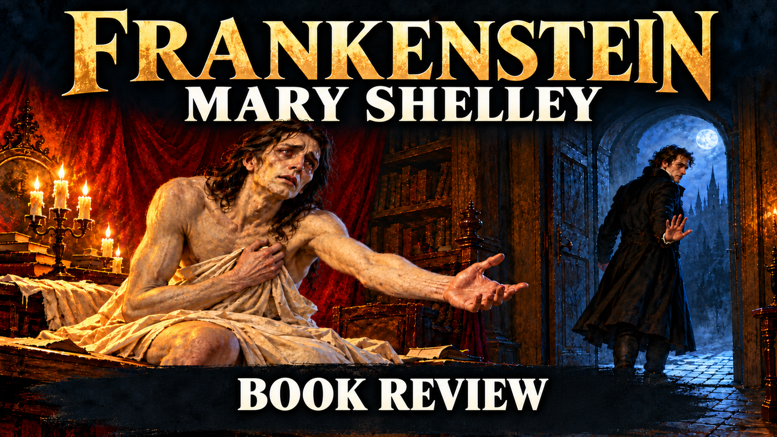 Frankenstein by Mary Shelley book review poster: the abandoned creature reaches towards Victor as he turns away, with BOOK REVIEW centred at the bottom.