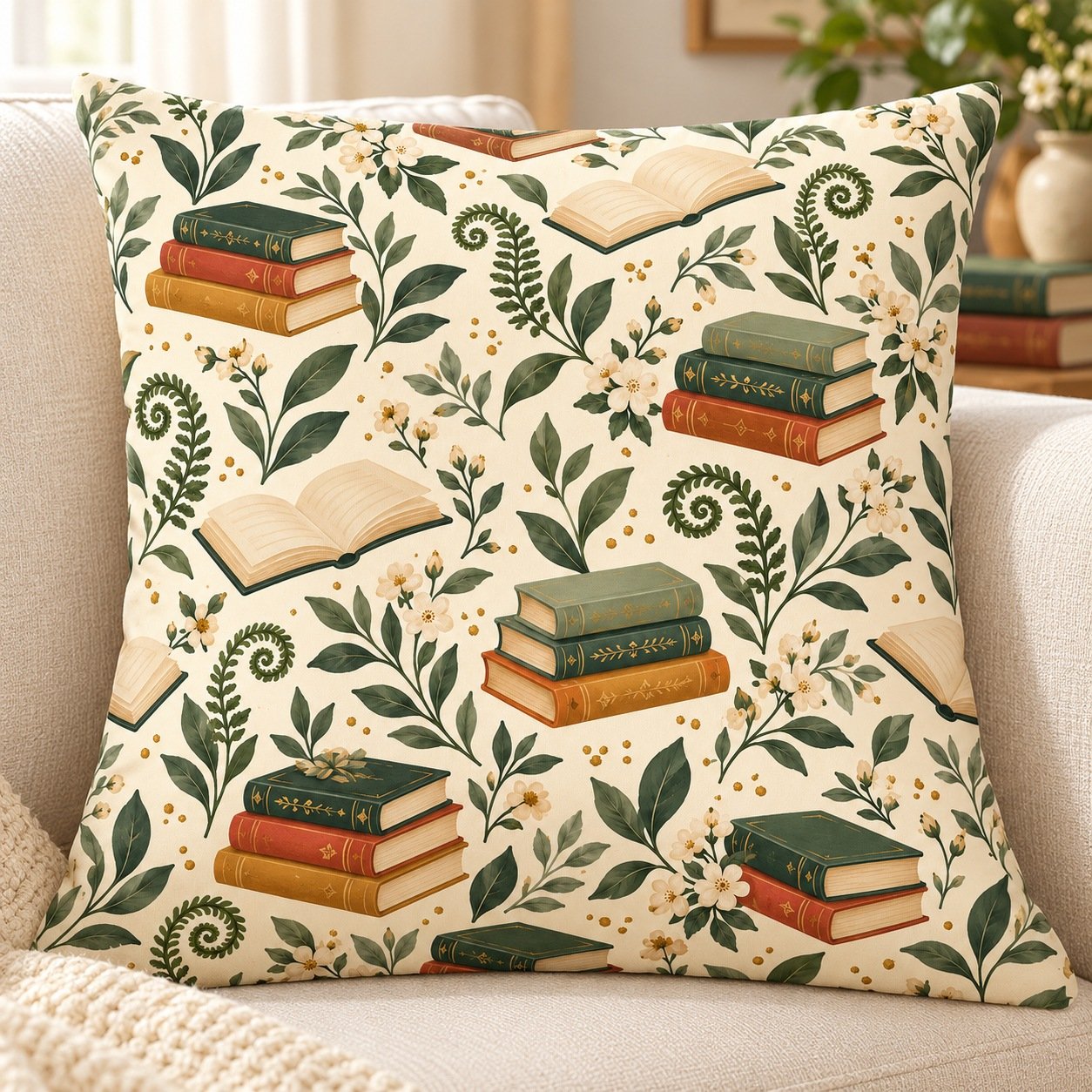 Secret Garden Library Cushion Cover by Euonia Press — styled front view