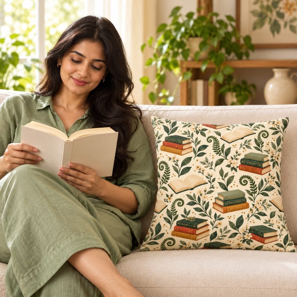 Secret Garden Library Cushion Cover by Euonia Press — reader lifestyle mockup