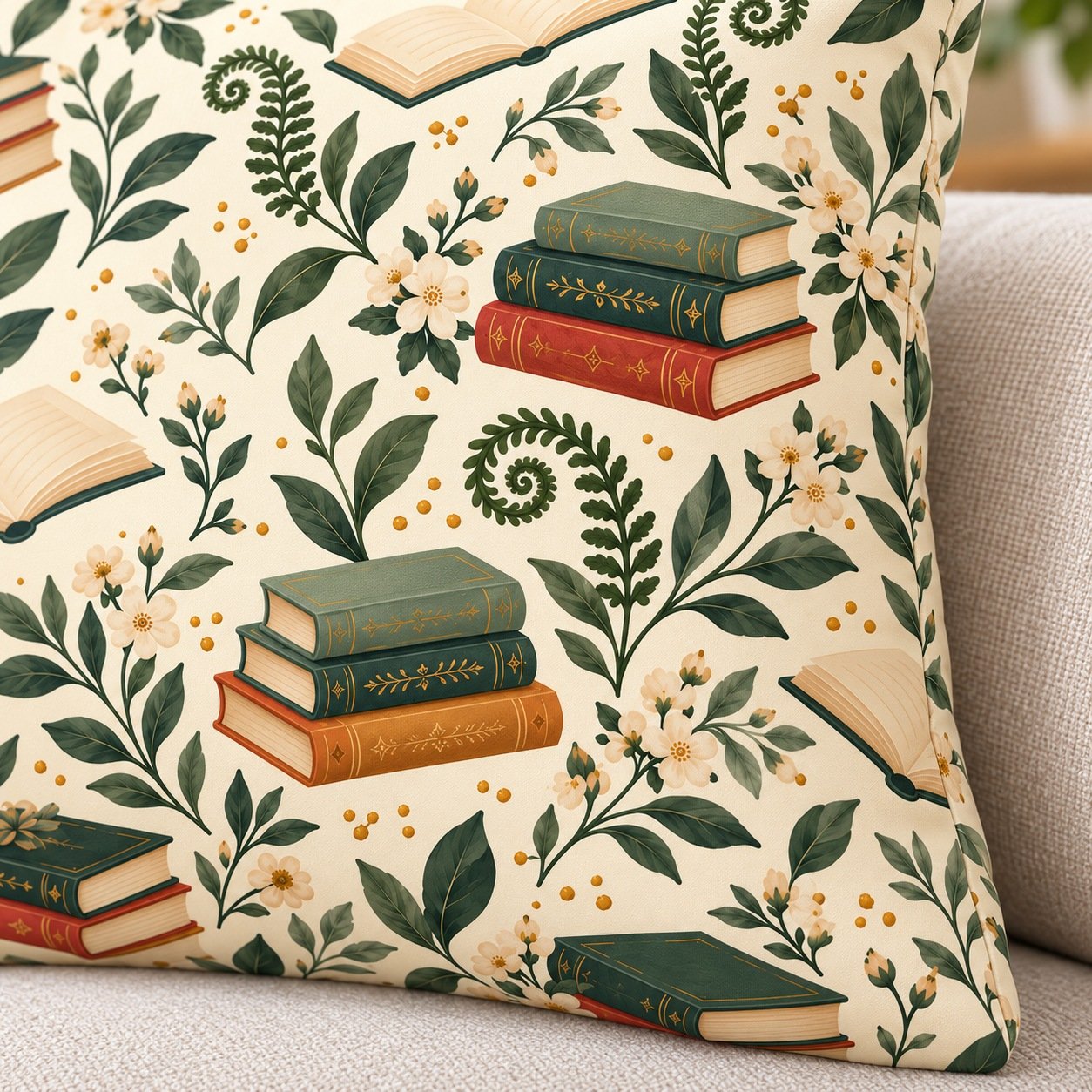 Secret Garden Library Cushion Cover by Euonia Press — print and fabric detail