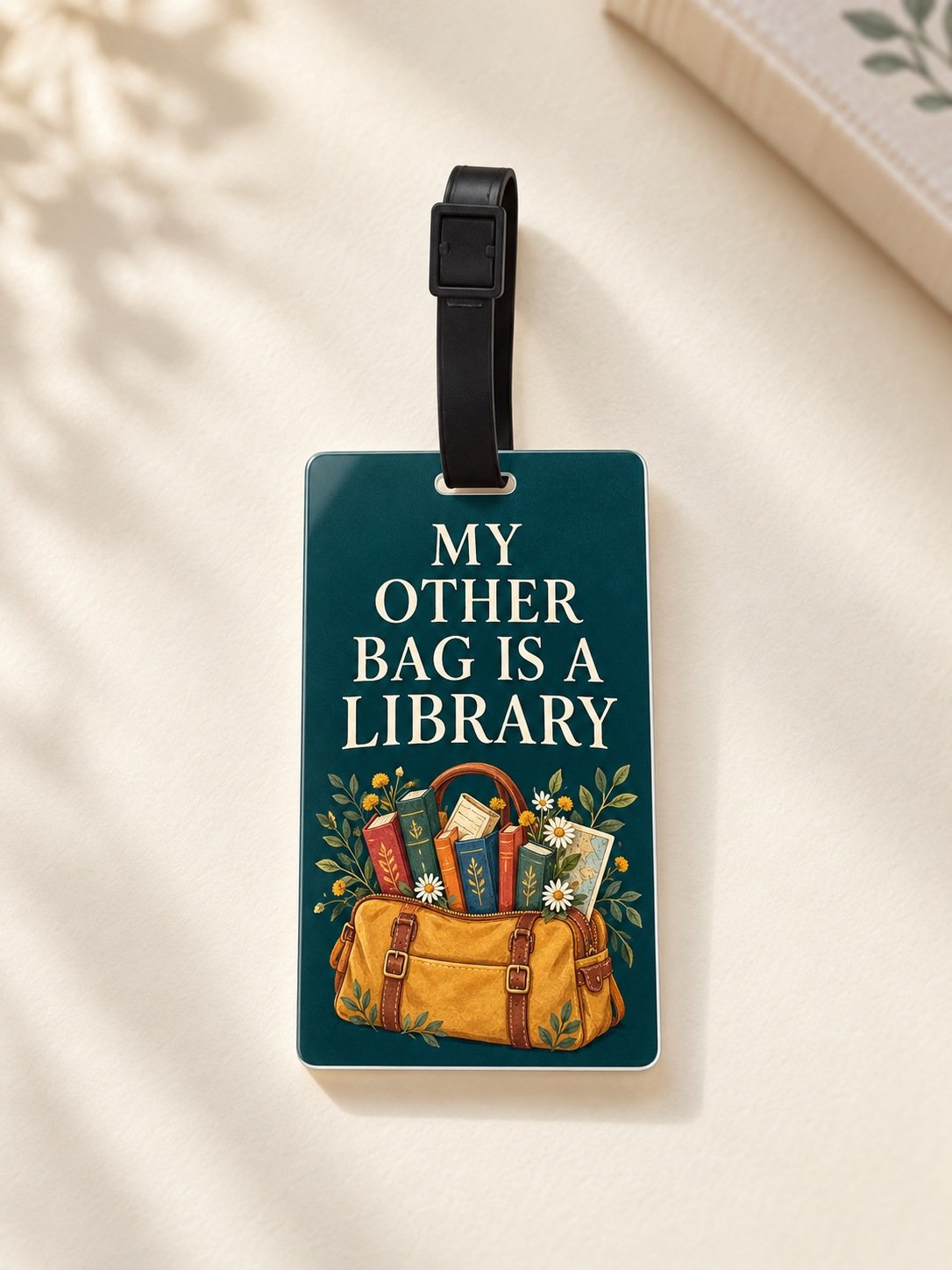 My Other Bag Is a Library Luggage Tag by Euonia Press with black buckle strap