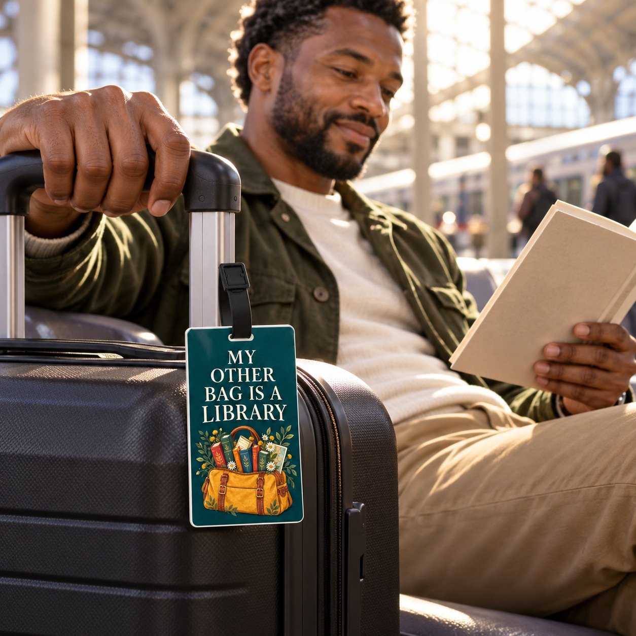 My Other Bag Is a Library Luggage Tag attached to a carry-on bag beside a reader in a train station