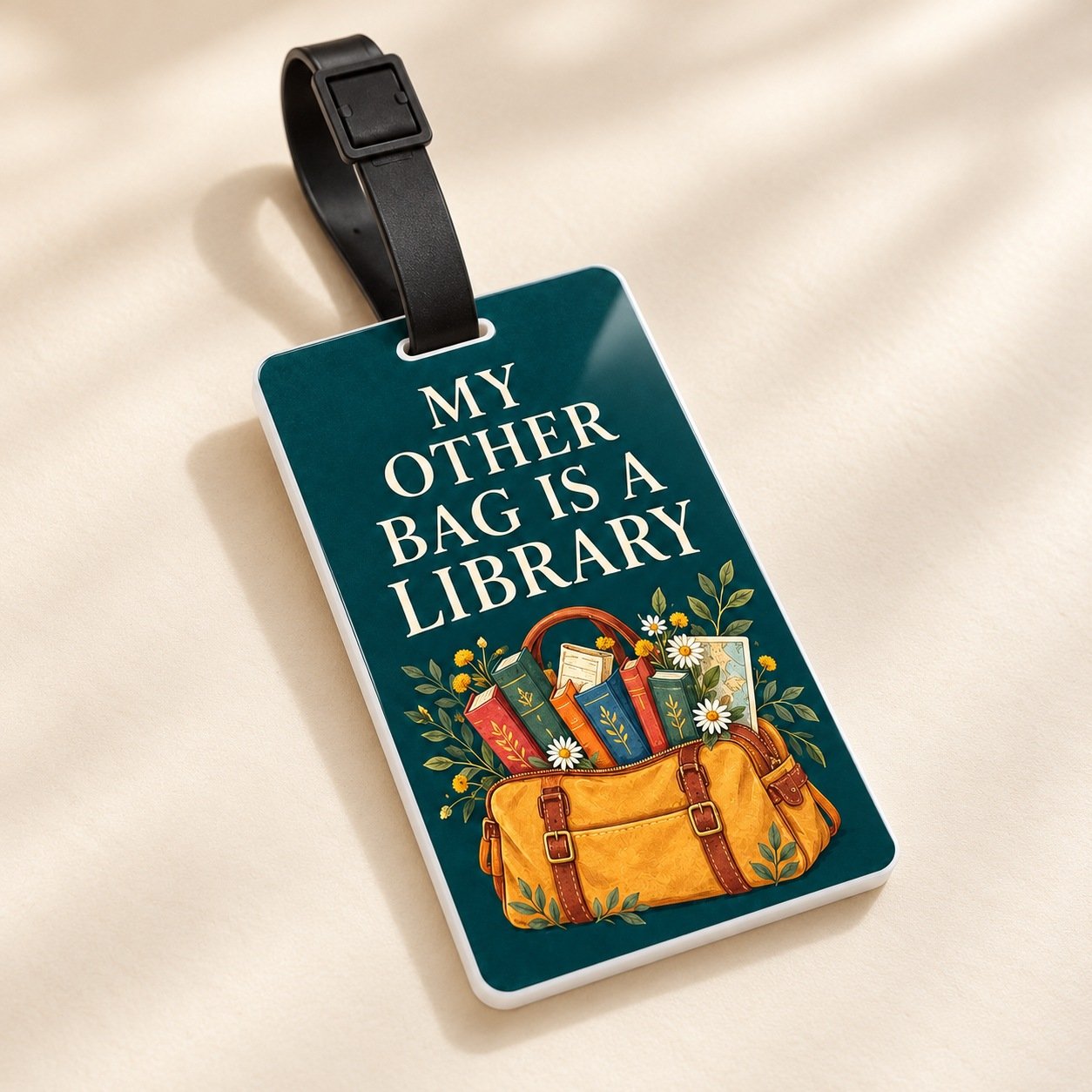 My Other Bag Is a Library Luggage Tag close-up showing the glossy acrylic face and thin white edge