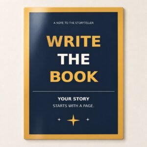 Write the Book Author Metal Poster with bold ochre and cream lettering on navy