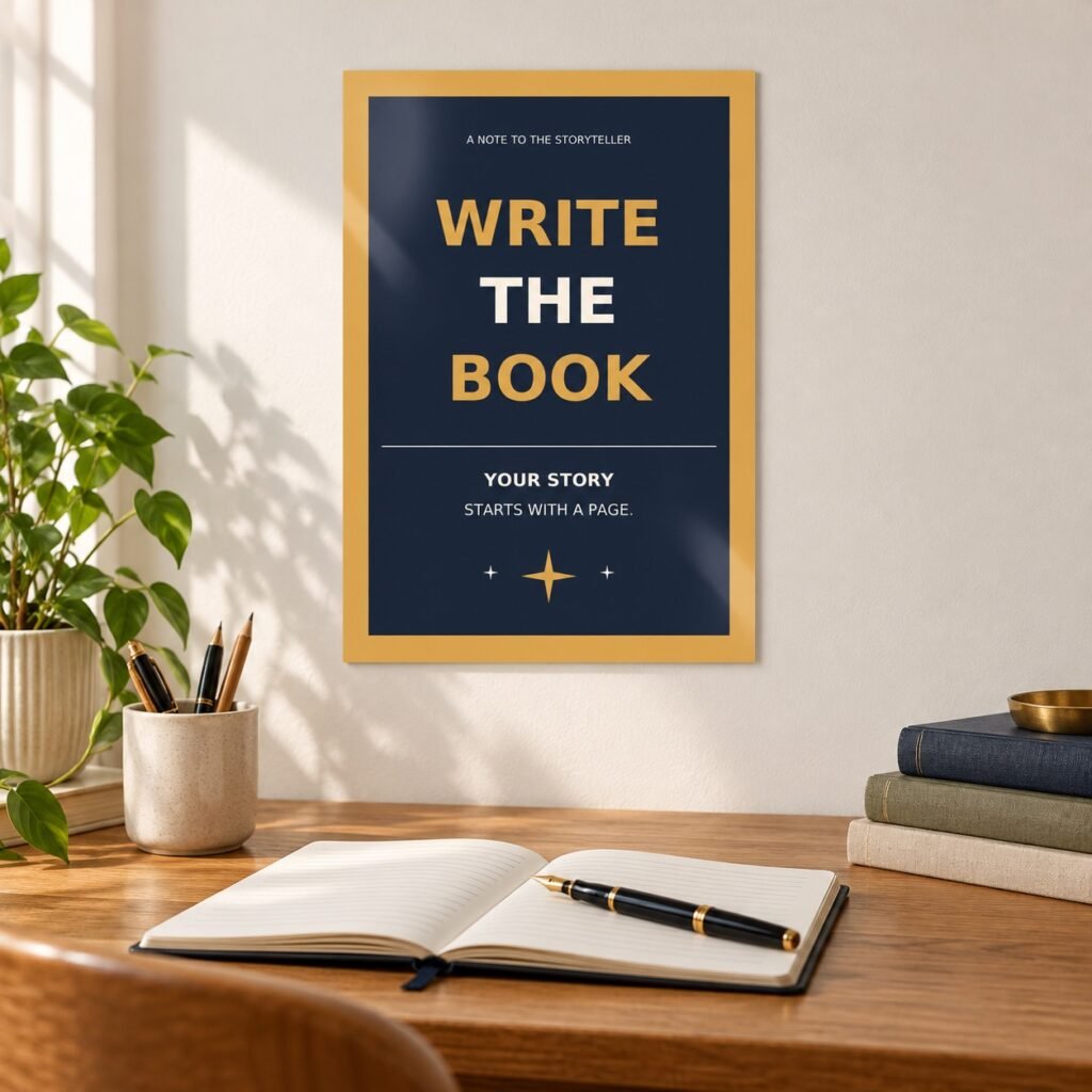 Write the Book Author Metal Poster above an oak writing desk with an open notebook