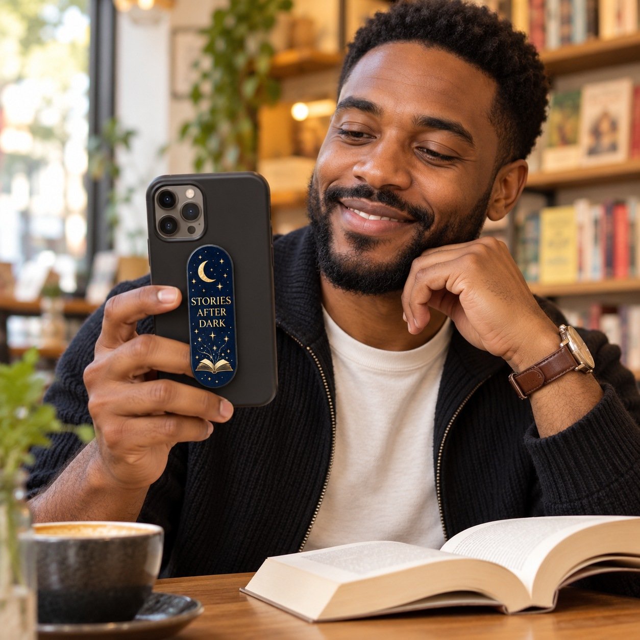 Stories After Dark Phone Grip by Euonia Press — reader lifestyle mockup