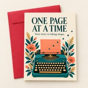 One Page at a Time Author Postcard with teal typewriter artwork and envelope