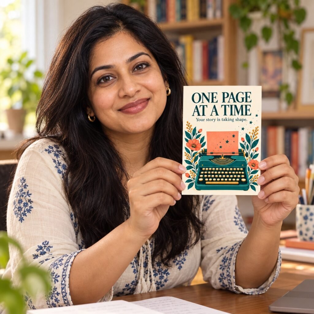 Writer holding the One Page at a Time Author Postcard
