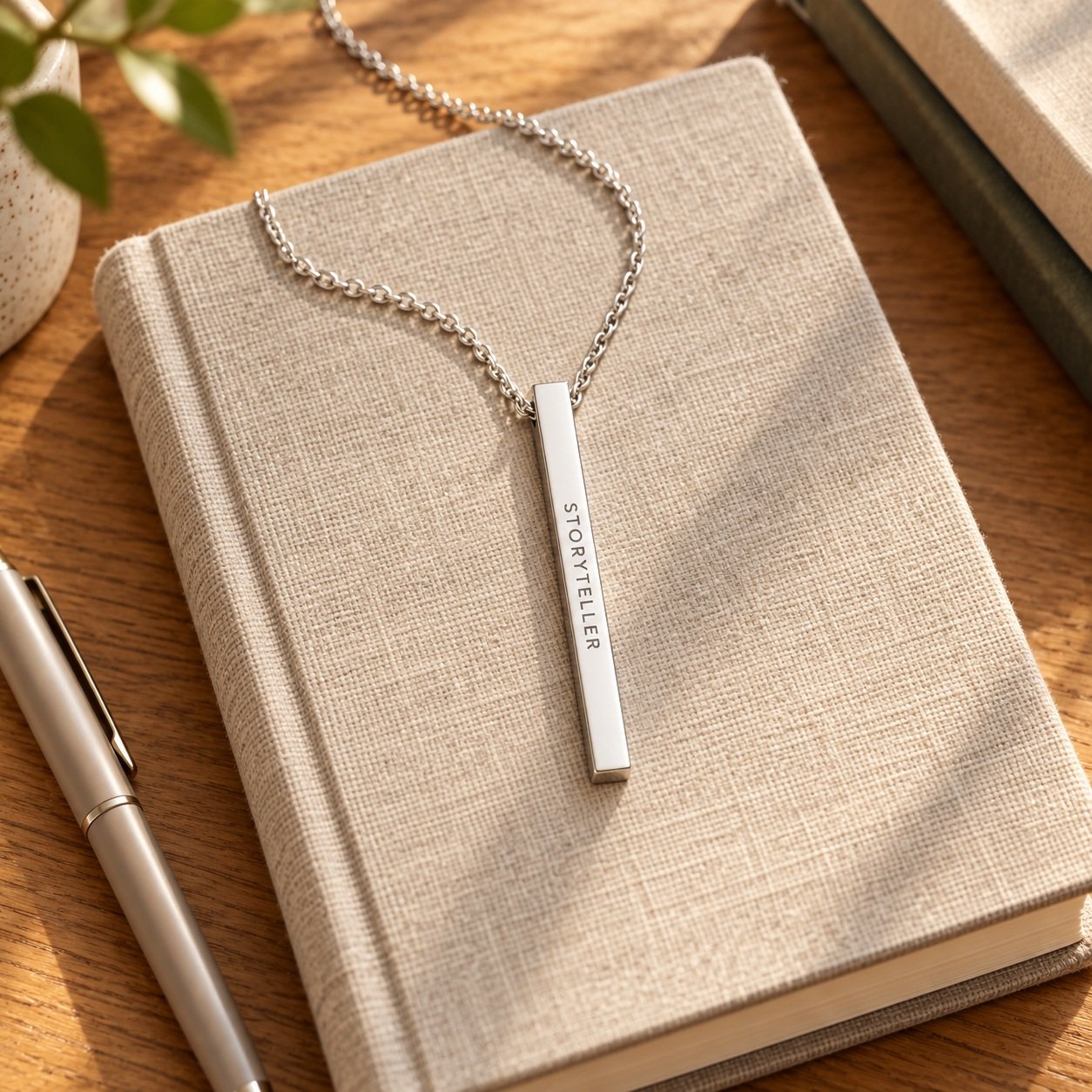 Storyteller bar pendant styled beside a writing notebook