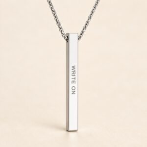 Write On engraved silver-tone bar pendant for an author