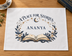 Personalised reader placemat Stars & Stories with navy celestial book artwork and example name Ananya