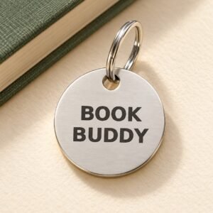 Book Buddy Literary Pet Tag with bold two-line engraving and an attachment ring.