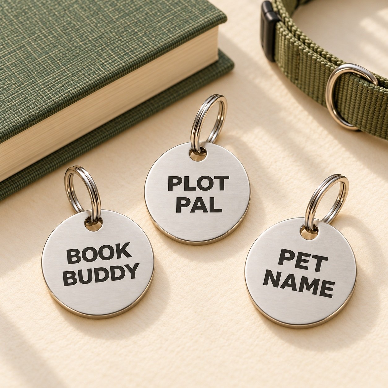 Book Buddy, Plot Pal and customizable Pet Name round silver pet tags, sold separately.