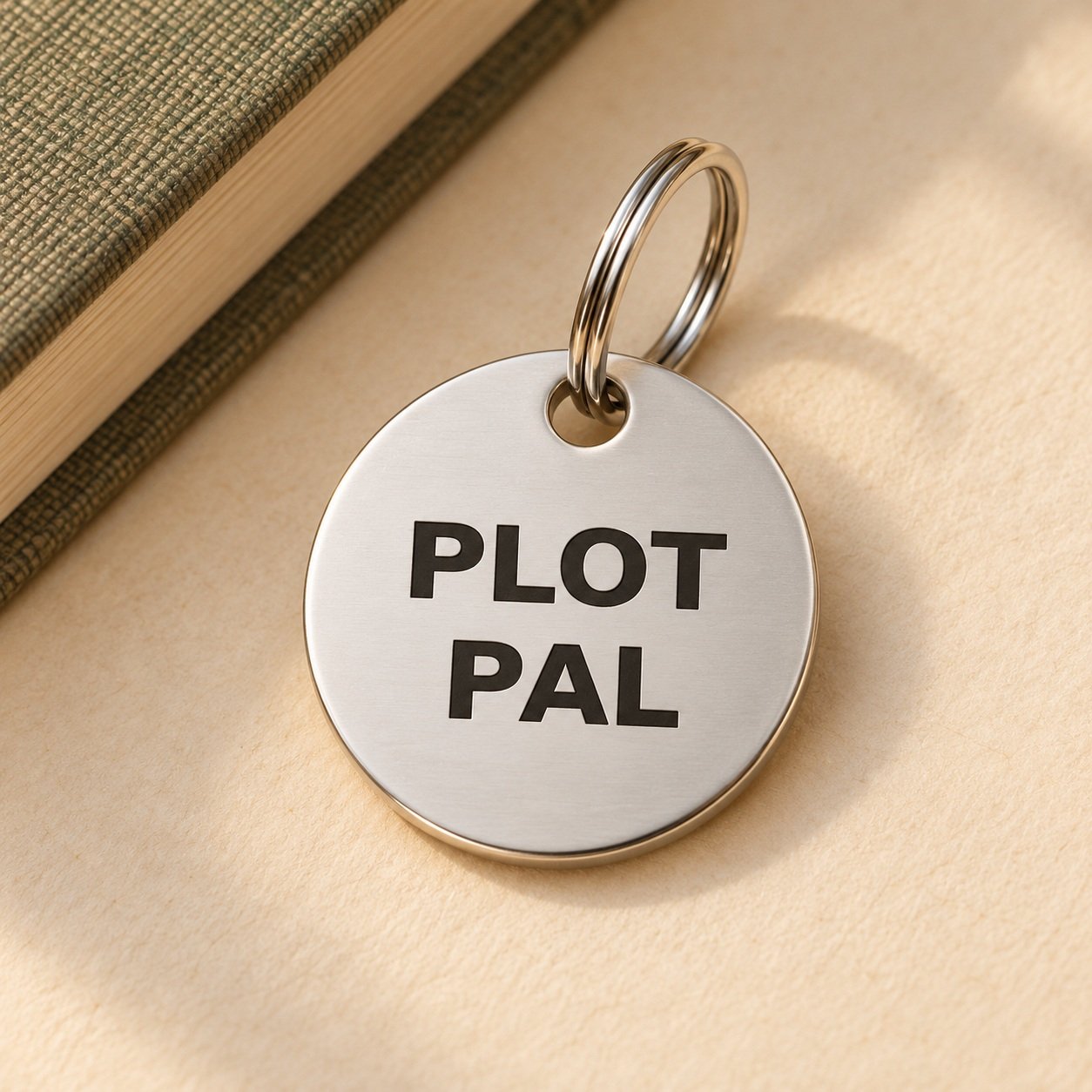 Plot Pal Author Pet Tag with two-line dark lettering on a round silver face.