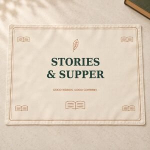 Cream Stories and Supper author placemat with forest green words, terracotta book illustrations and a quill.