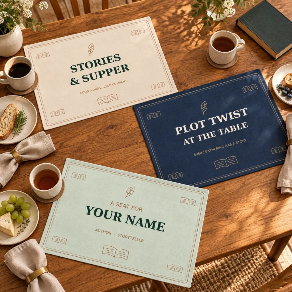 Three separately sold literary placemat designs arranged on a writers supper table; each listing includes one mat.